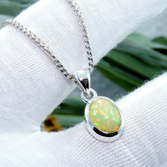 Opal Silver Pendant Chain Necklace, Natural Fire Opal Pendant With Chain - Picture 5 of 8